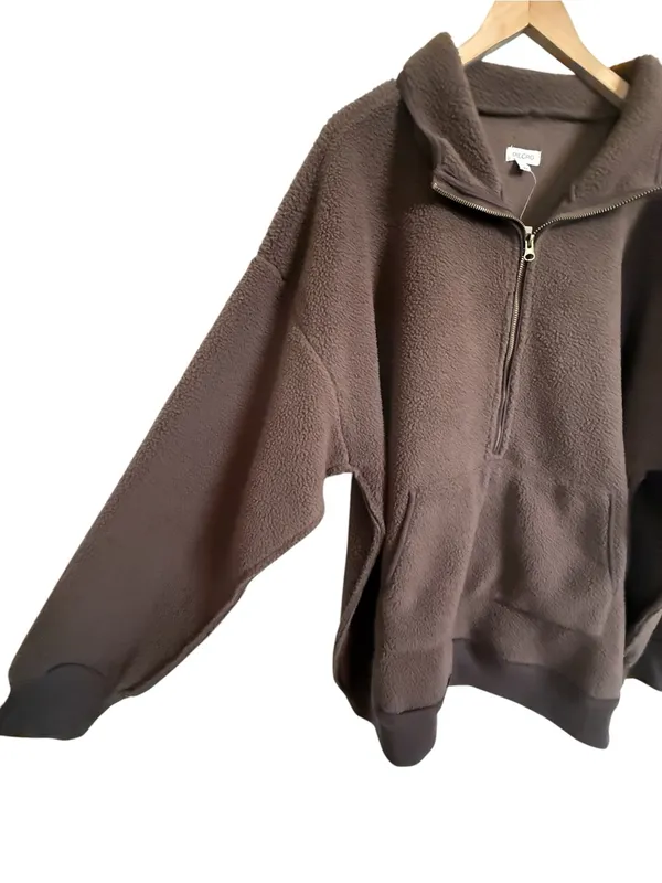 Pilcro Anthropologie Half Zip Sherpa Fleece Pullover Chocolate Brown XL NWT - Image 5