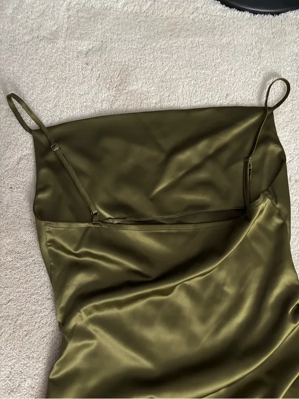 Olive Green High-Low Slip Dress with Side Ruching - Image 4