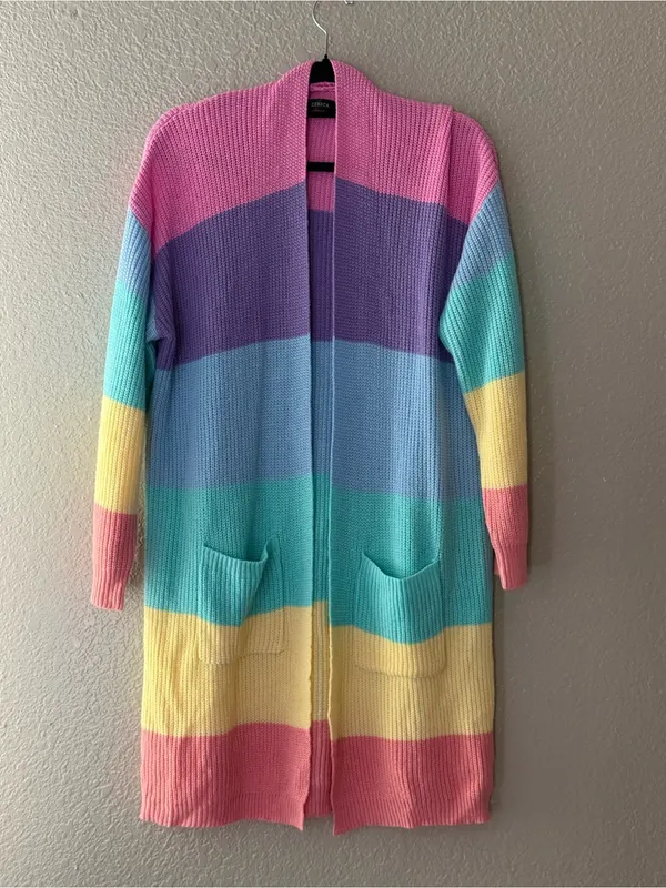 ZESICA XL Pastel Rainbow Colorblock Long Open Front Knit Cardigan Pockets - Image 8