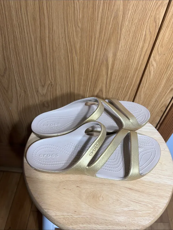 CROCS Women’s Metallic Gold Multi-Strap Slide Sandals - Image 2