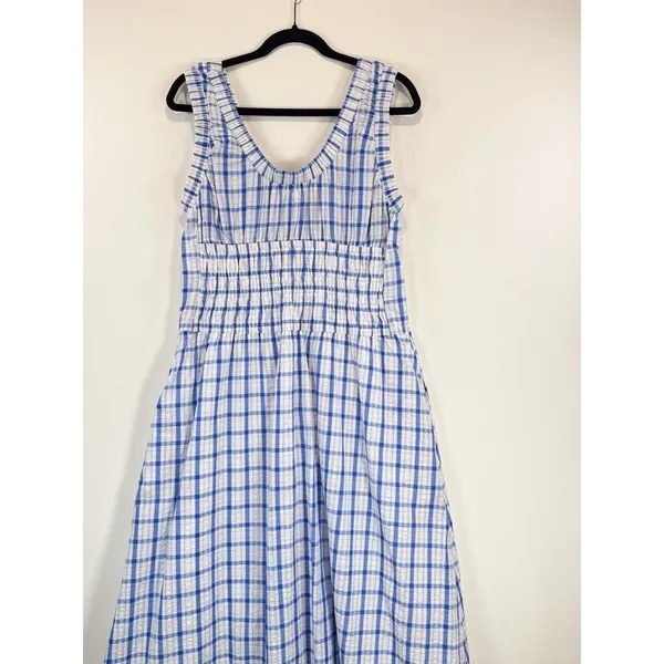 Taelynn Midi Dress Blue Plaid Sleeveless Smocked A Line Flowy Cottagecore Large - Image 5