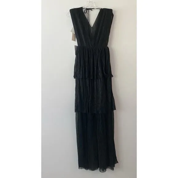 Melloday Black Metallic Plisse Tiered Maxi Dress Sleeveless V-Neck XS‎ New - Image 6