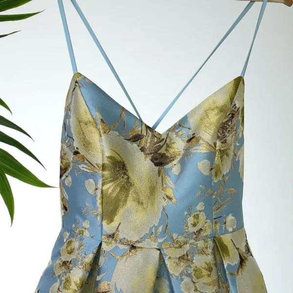 Eliza J Jacquard Brocade Floral Midi Flare Dress with Crisscross Straps - Image 8