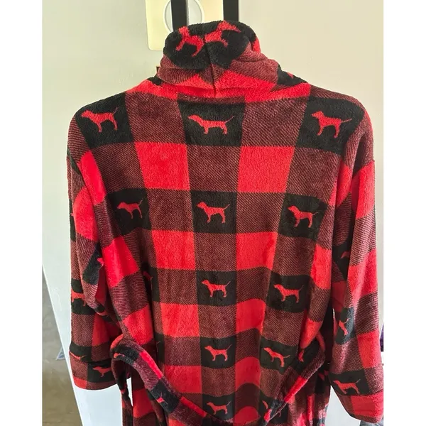 Victoria's Secret Pink Women's Plush Robe Dog Logo Red Black‎ Tie Size M/L - Image 5