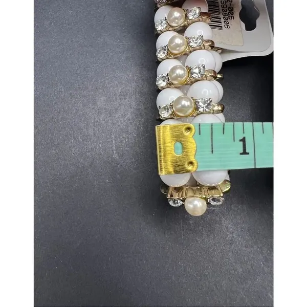 New! Golden Stella White Bead Faux Pearl Rhinestone Stretch Bracelet - Image 5