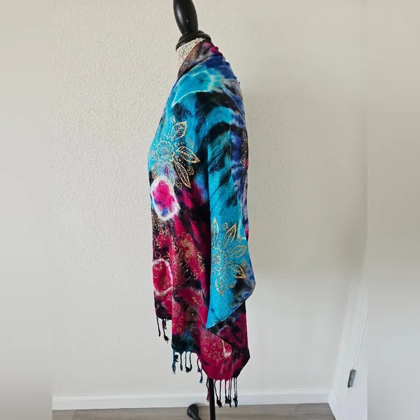 Artisan Tie-Dye Boho Wrap Shawl with Gold Foil - Image 4