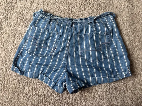 American Eagle Striped Paper Bag Shorts Blue White Tie Waist Size 8 - Image 3