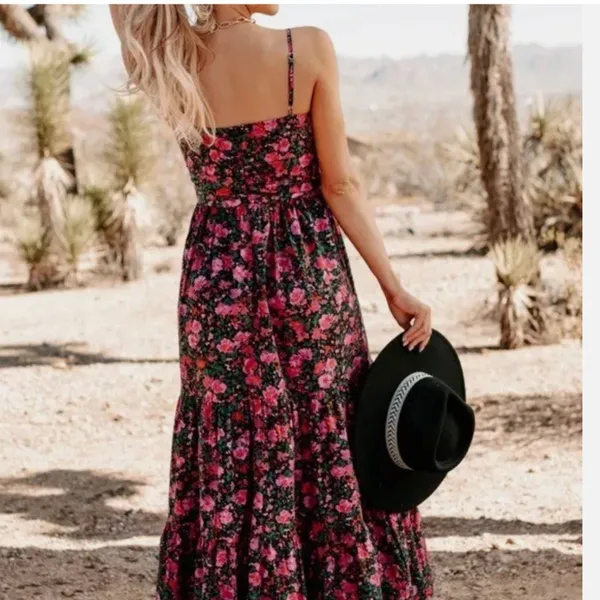 NWOT Fore Floral Tiered Boho Maxi Dress Cut Out Large Cotton Large - Image 3