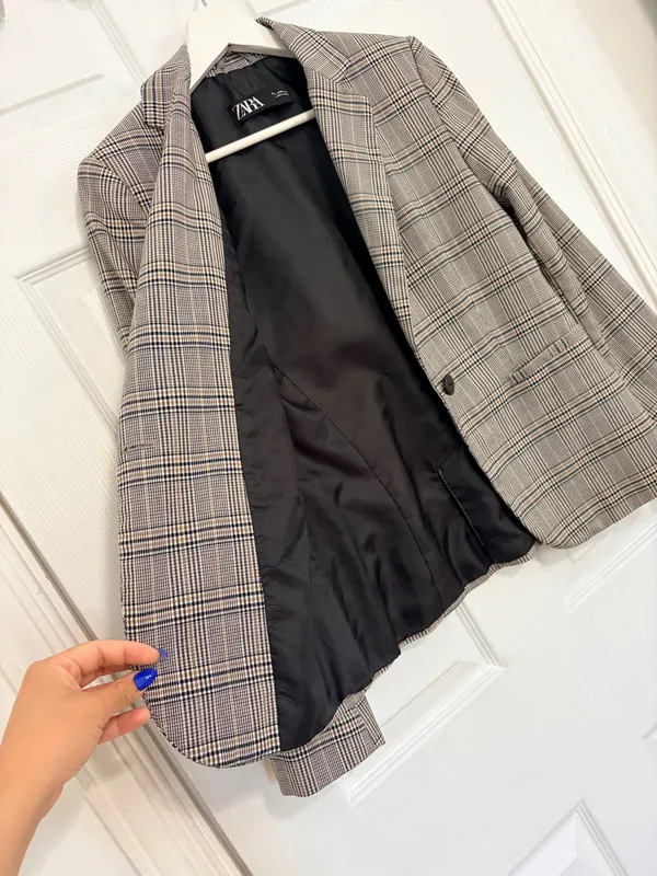 ZARA Womens Plaid Blazer Brown Glen Check Tailored Preppy Academia Old Money Chic Size S - Image 8