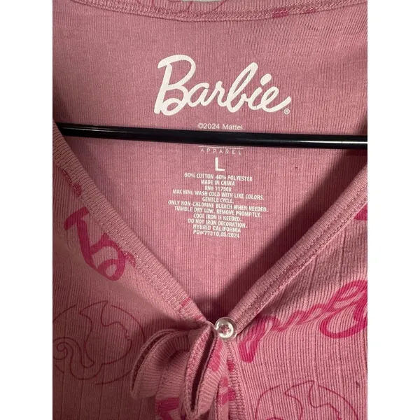 Barbie Hybrid Apparel Pink Ribbed Tie Front Long Sleeve Lettuce Trim‎ Top Large - Image 2