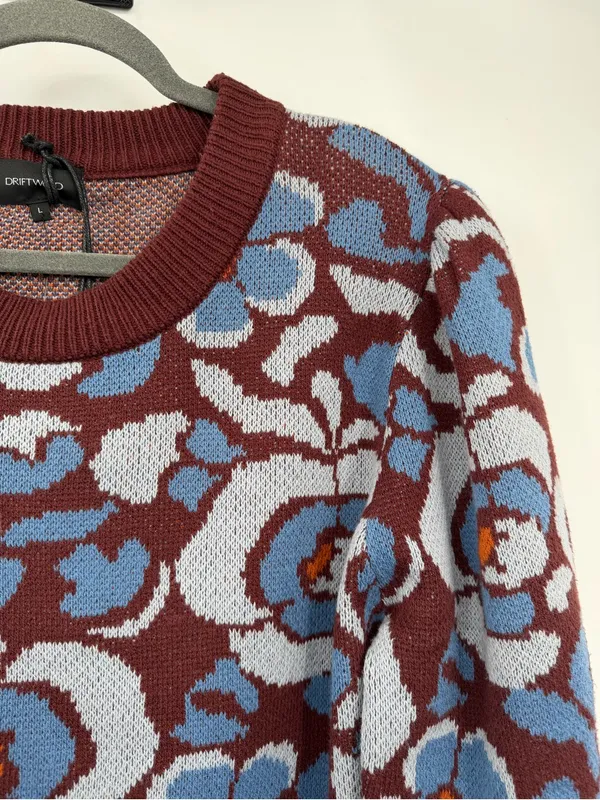 Driftwood Floral Jacquard Cropped Crewneck Sweater Rust Blue L NWT - Image 5