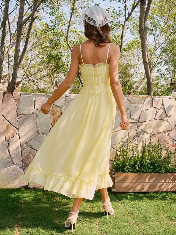 Rihoas Yellow Sweetheart Neck Ruffle Midi Dress - Image 7