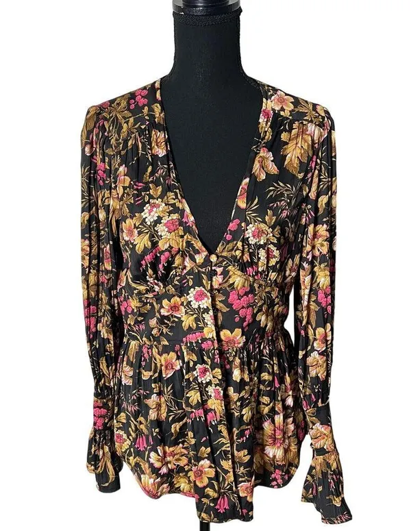 By Anthropologie Deep-V Floral Tunic Top Medium Women’s Black Motif OB1596837 - Image 2