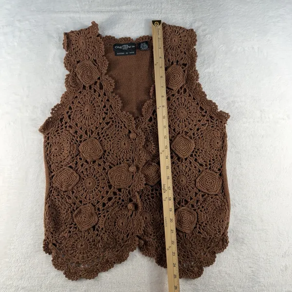 Vintage Hand Knitted OS Crochet Vest Boho‎ Cottage 90s Y2K Brown Earthy Hippie - Image 9