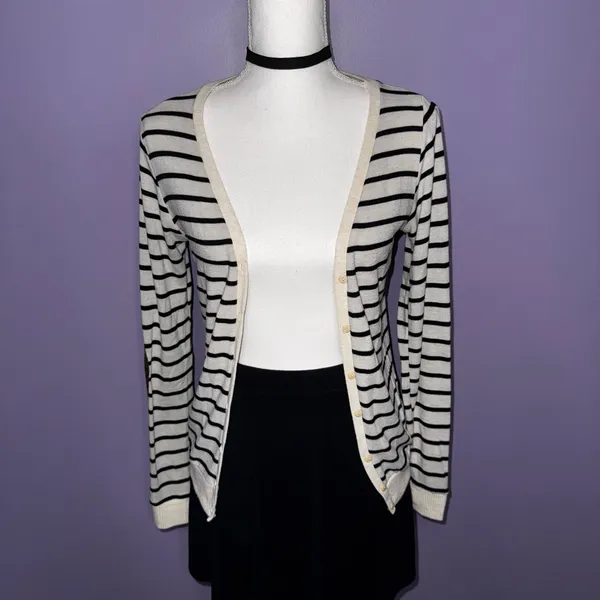 Poof! Striped Cream and Black Cardigan with Elbow Patches - Image 4