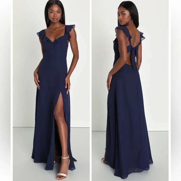 Lulus Sweetest Entrance Navy Blue Ruffled Tie-Back Maxi Dress Size XL NWT Formal - Image 2