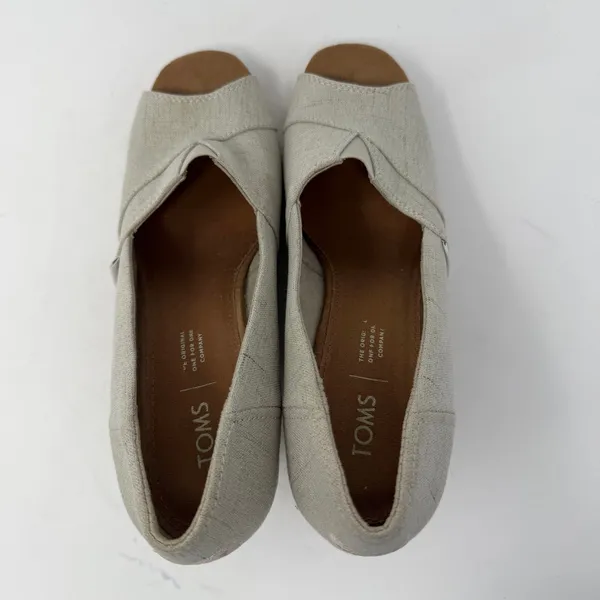 TOMS Canvas Peep Toe Wedge Sandal Oatmeal Natural Cork Heel Women Size 9 - Image 9