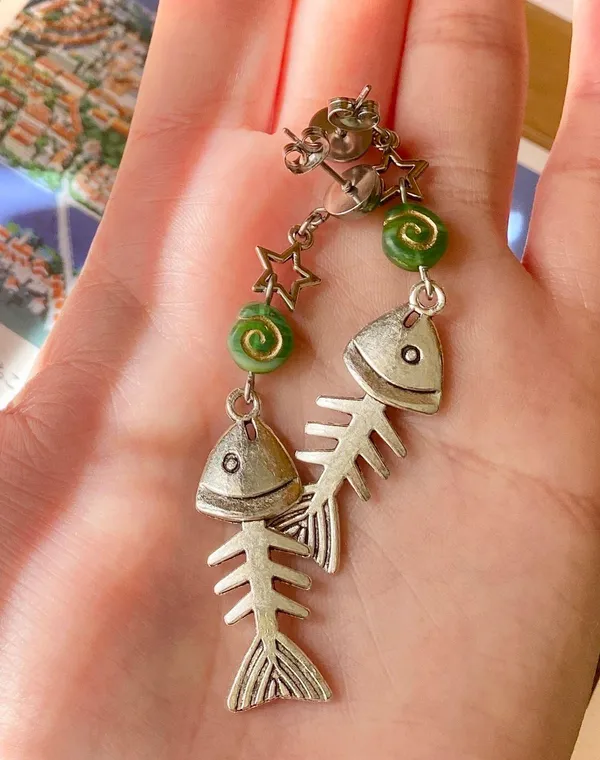 fish bone boho funky unique dangle earrings🌀🐟💙 - Image 5