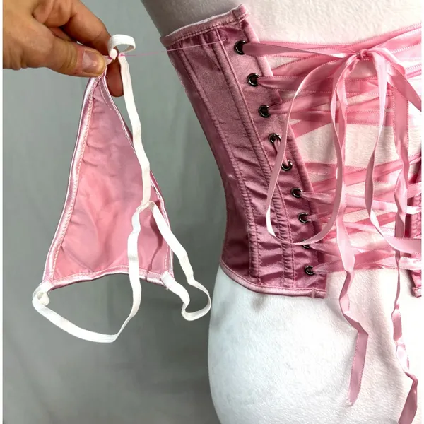 Corset Top Pink Satin‎ Lace Up G-String Set New Burlesque Lingerie Coquette S - Image 6