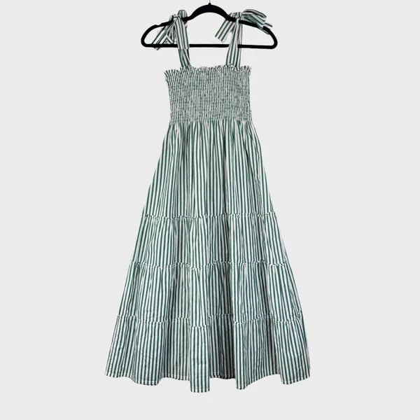 Maxwell And Gerladine Dress Green The Brooke Midi Stripe Smocked Tiered Flowy XS - Image 3