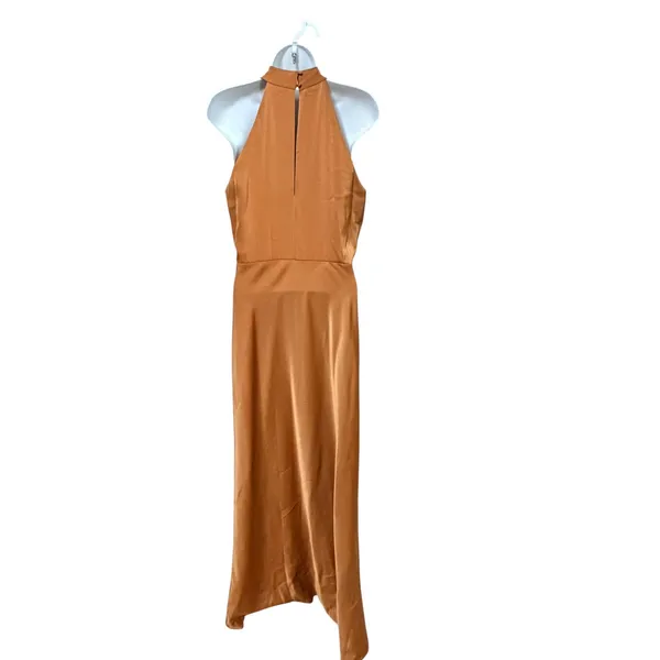 WAYF Women Copper Satin Halter Maxi Dress High Slit Button Detail Size‎ S - Image 2