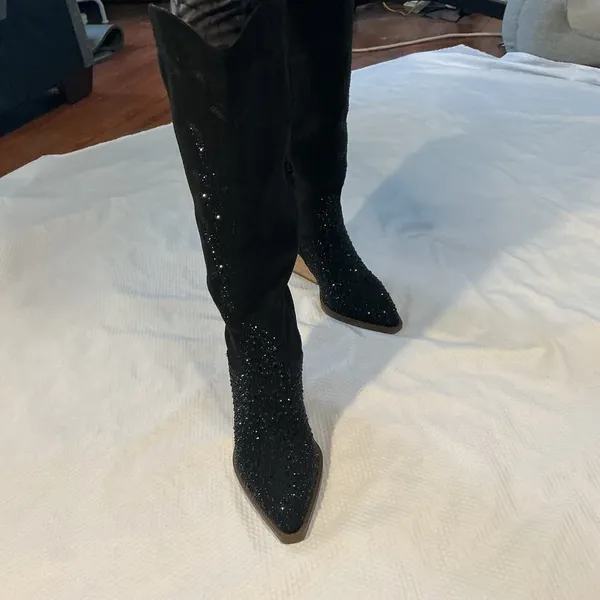 Elegant Black Glitter Heeled Boots Size 8.5 - Image 2