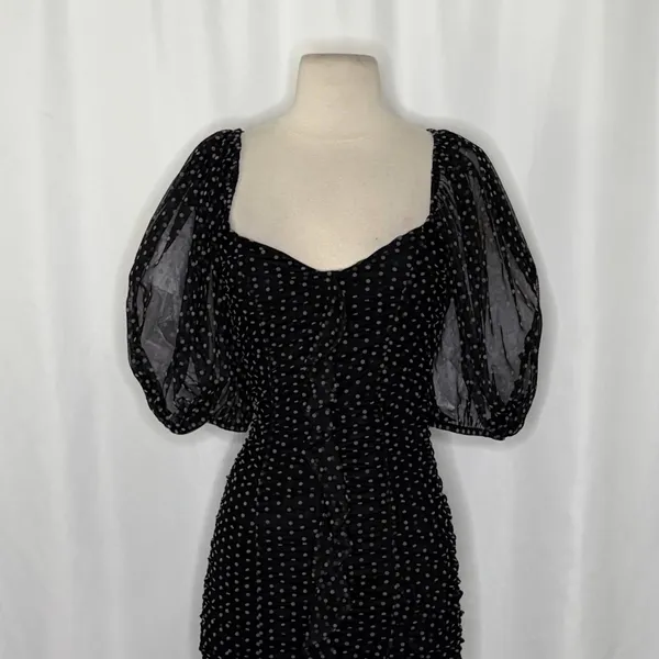 ZARA Chiffon Black Polka Dot Ruched Mini Dress Black Gray Party Blogger‎ Small - Image 3