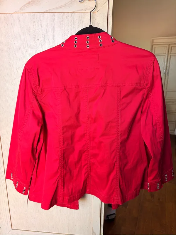 Live a Little Red Grommet Eyelet Jacket Size L Y2K Stretch Cotton - Image 8