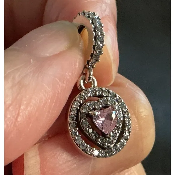 Pandora S925 ALE Pink Heart Double Halo Pavé Dangle Charm Sterling Silver - Image 2