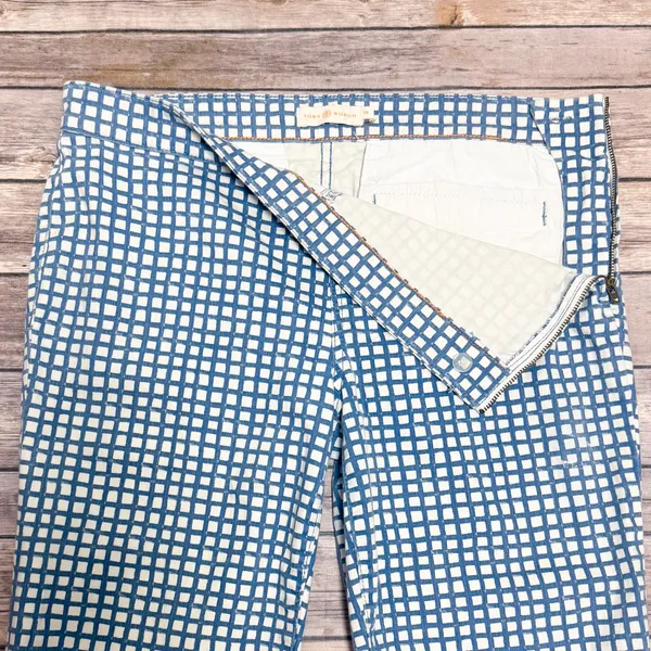 Tory Burch Blue Off White Checkered Straight Leg Cropped Side Zipper Pants 29 - Image 3