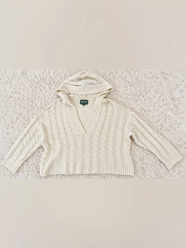 American Eagle Soft & Cozy Cable Knit Hoodie Sweater – Cream/Ivory – XL - Image 6