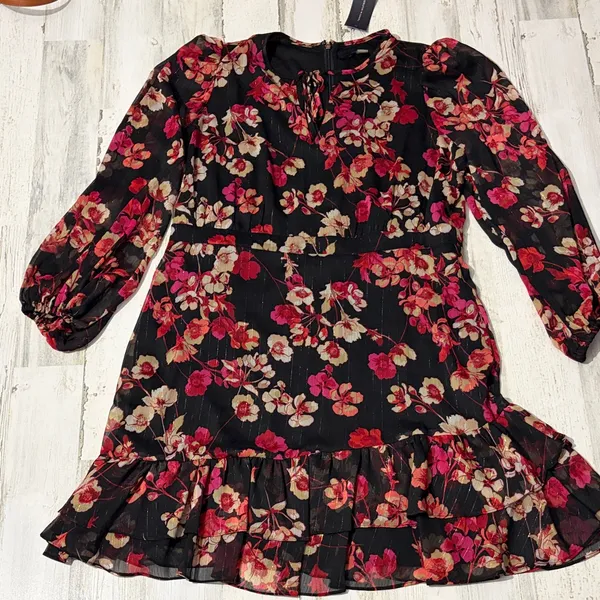 Tommy Hilfiger Black and Reddish Pink Floral Long Sleeve Dress metallic NWT - Image 2