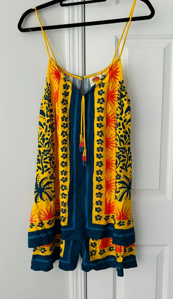 Farm Rio Sunshine Tie Neck Layered Romper, Size L - Image 6