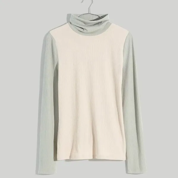 Madewell ribbed turtleneck sweater size large colorblock in green/cream - Image 2