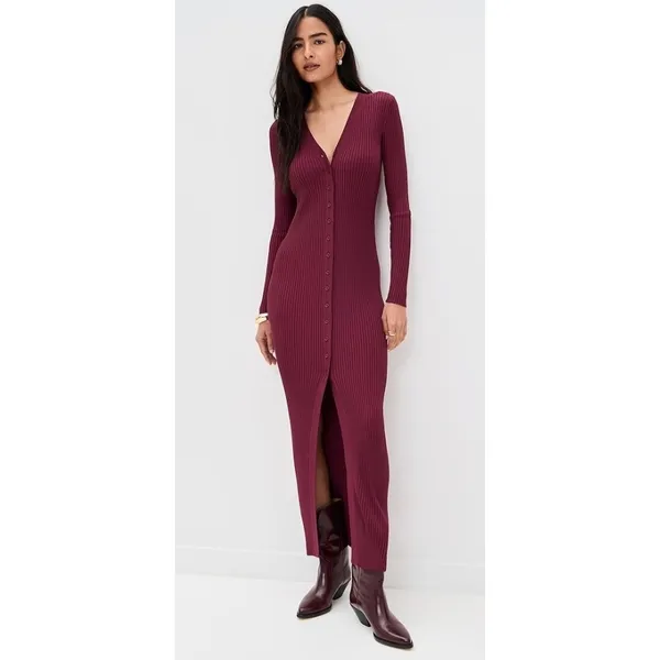 STAUD Shoko Ribbed Knit‎ Button Front Maxi Dress Burgundy XS - Image 5