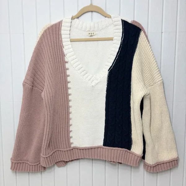 POL V-Neck Color Block Chunky Knitted Sweater Women’s‎ Size M - Image 6