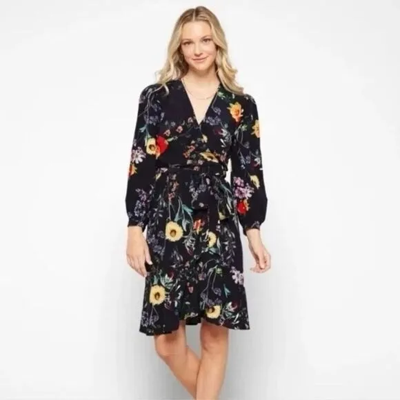 Amour Vert Washable Silk Elma Provence Floral Wrap Long Sleeve Midi Dress M - Image 3
