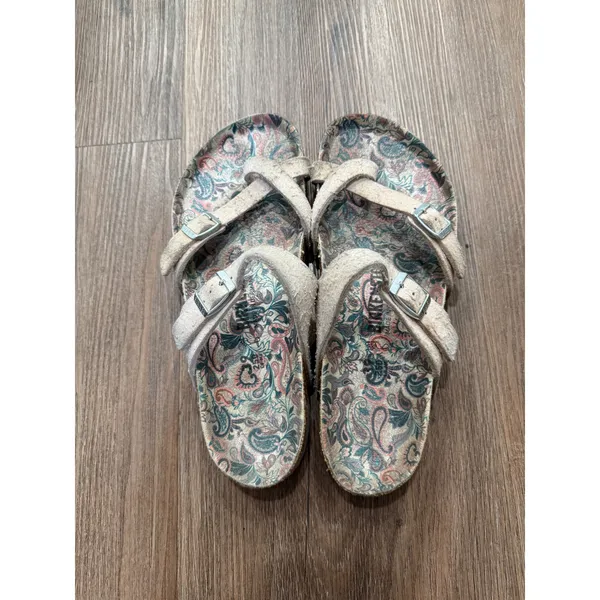 Birkenstock Salina Suede Sandals Cream Paisley Print Footbed Womens 39 L8 M6 - Image 3