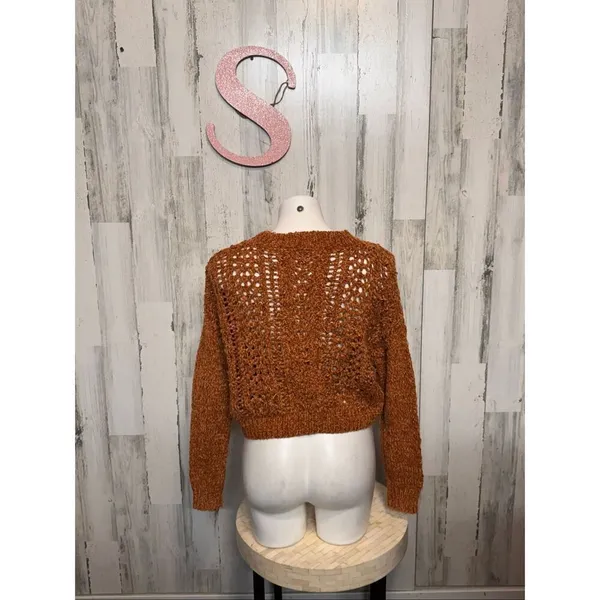 Rust Brown Crochet Knit Crop Sweater | Women’s Size Small | Boho Open Weave Long - Image 3