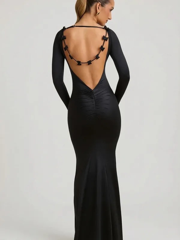 Oh Polly Alila Bow-Detail Ruched Maxi Dress in Black - Image 8