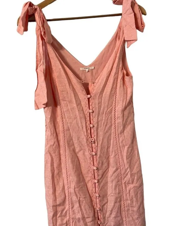 Aritizia Tularosa Pink Polka Dot Slit Ruffle Midi Dress - Image 4