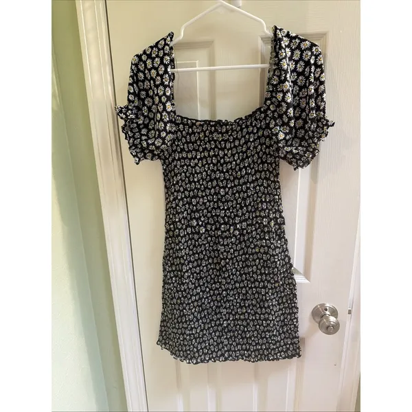 Altar'd State Ruched Sunflower Dress Sz L Puff Sleeve Y2K Vibes Black Mini - Image 4