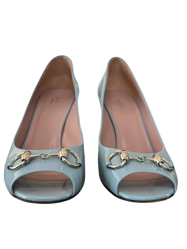 Gucci Women’s Silver Horsebit Light Blue Patent Leather Peep Toe Heels Size 39 - Image 3