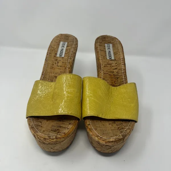 Steve Madden Surg Women Yellow Leather Cork Platform Wedge Sandals‎ Heels 9M - Image 2