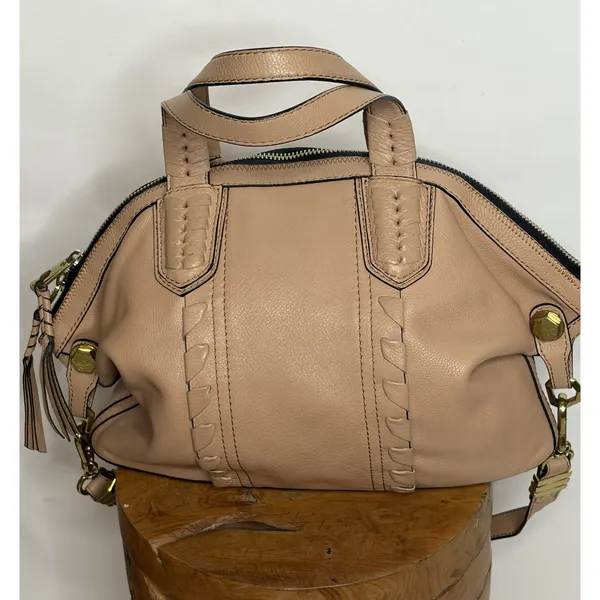 Oryany Tan Leather Whipstitch Satchel Crossbody Handbag Gold Hardware - Image 4