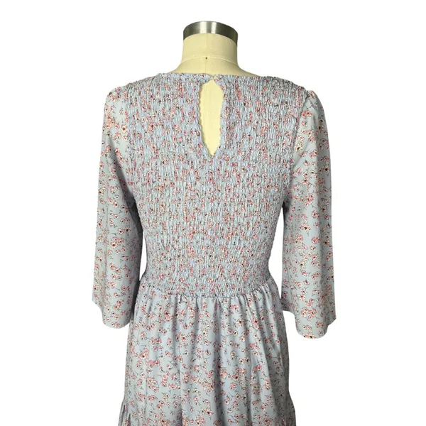 Melloday Baby Blue & Pink Smocked Bodice Tiered Floral Print Maxi Dress M - Image 6