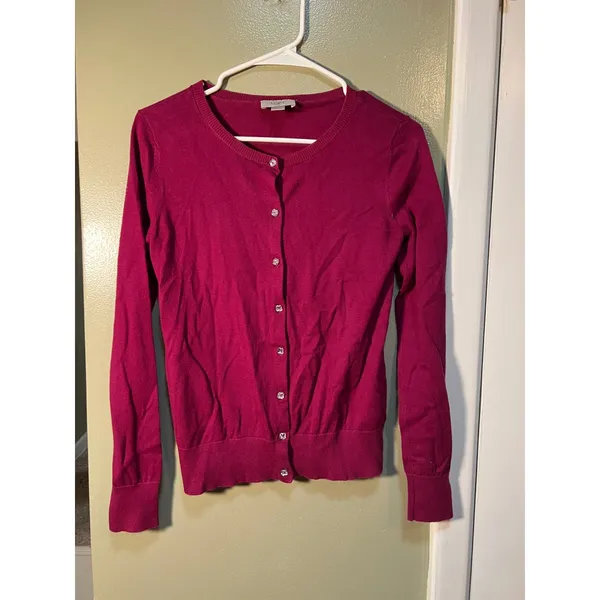 Loft Women's Sz XS Cardigan Sweater Crewneck Magenta Pink Jeweled Buttons Cotton - Image 3