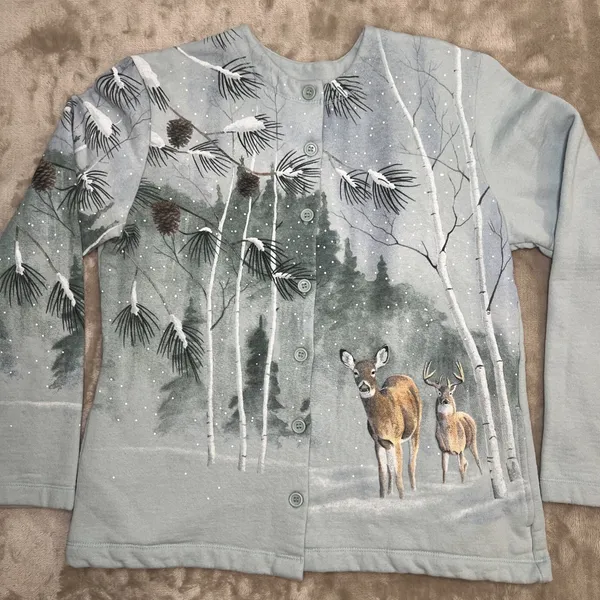 Vintage Artisans Deer Winter Scenic Cardigan Small Woodland Cabincore Pockets - Image 3
