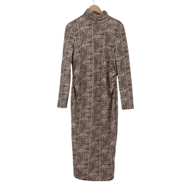 SHEIN Dress Womens 12 Mock Neck Long Sleeve Tan Black Abstract Grid Excellent - Image 2