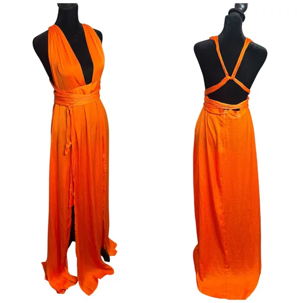 Hello Molly Thigh High Split Maxi Dress Womens 8 Orange Plunging Neckline - Image 2